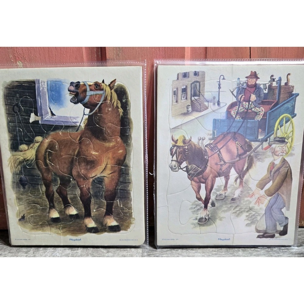 Lot of 2 VTG Playskool Horse Theme Cardboard Puzzles Large Piece 1950s Retro‎